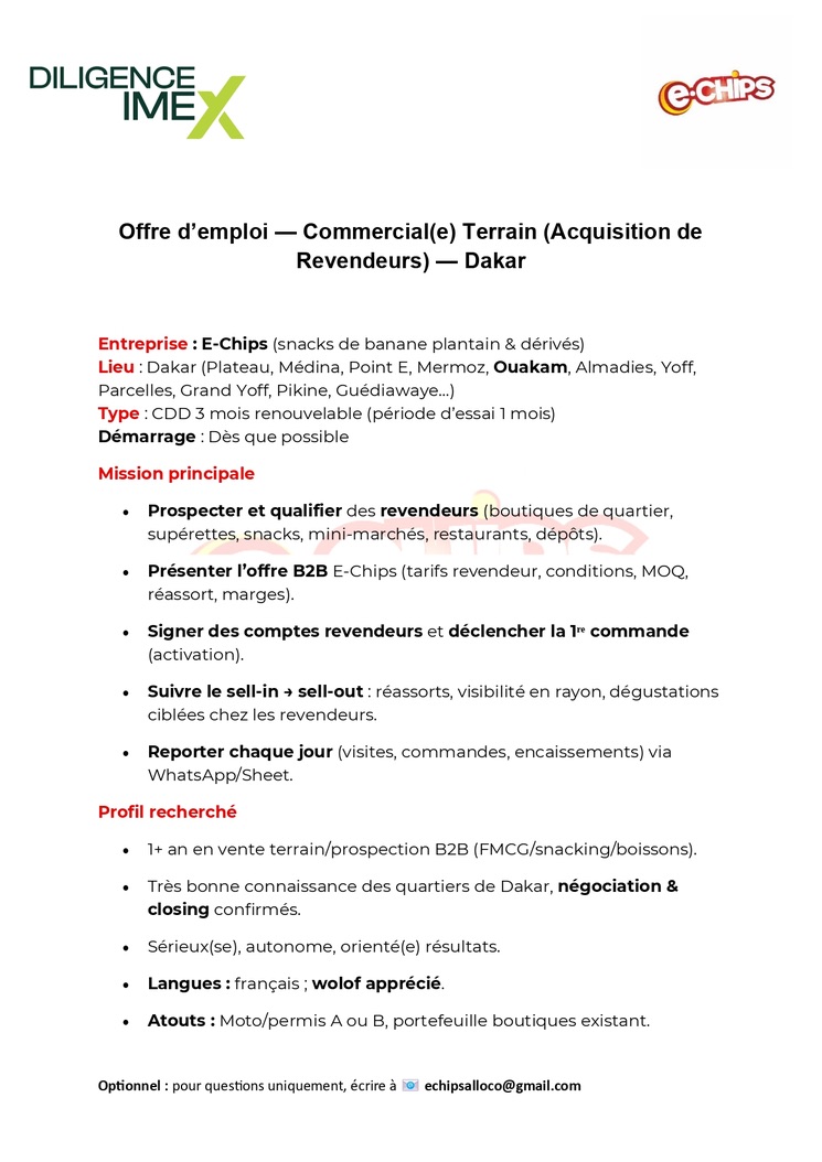 Offre d'emploi - Commercial terrain Dakar